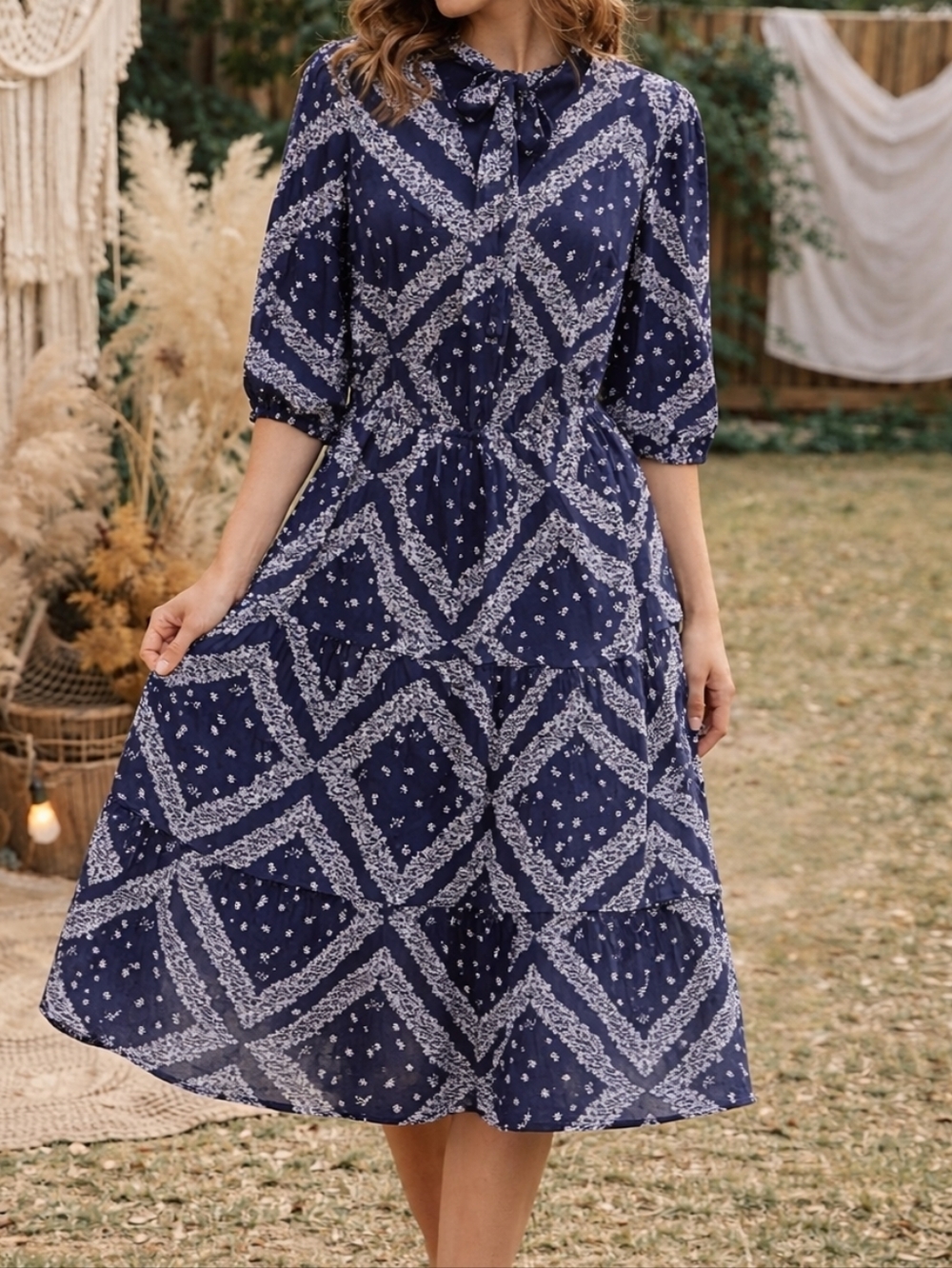 Nanette Lepore Navy White Floral Tie-Neck Dress Romantic Boho Cottagecore Tiered
